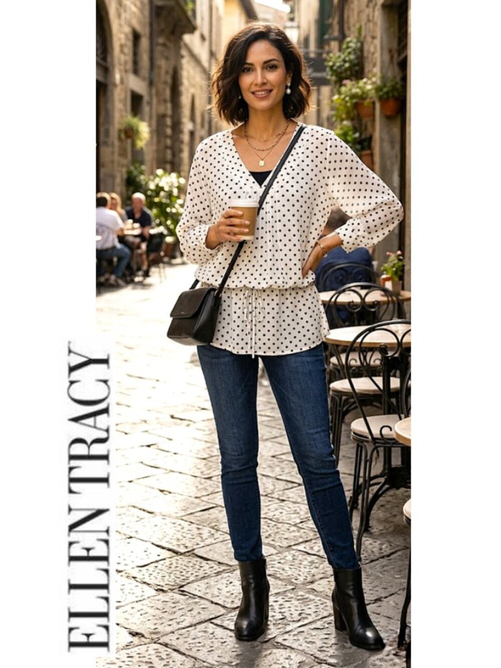 (3 for $30) ELLEN TRACY - Cream polka dot peplum blouse